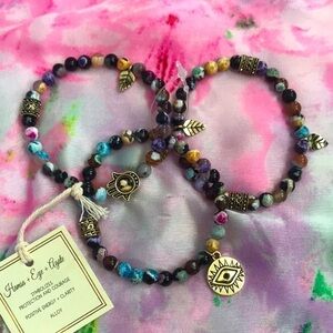 Brand New Set of Three Beaded Bracelets Hamsa Evil Eye Agate Multi-Colored